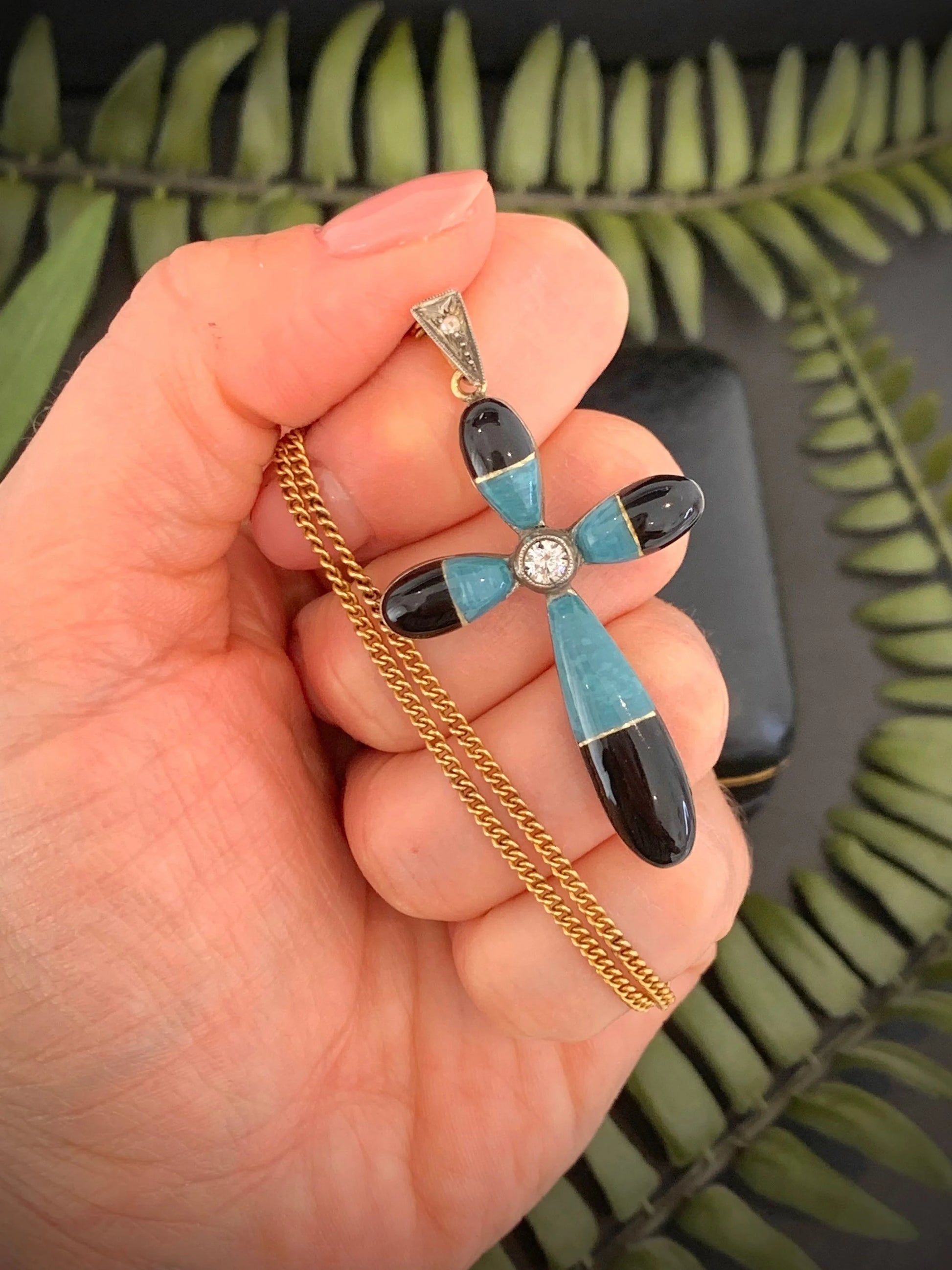 Antique 18 Carat Gold Diamond, Turquoise and Black Enamel Cross Pendant, Circa 1920