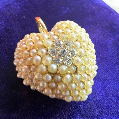 Edwardian Antique Natural Seed Pearl and Diamond Heart Pendant
