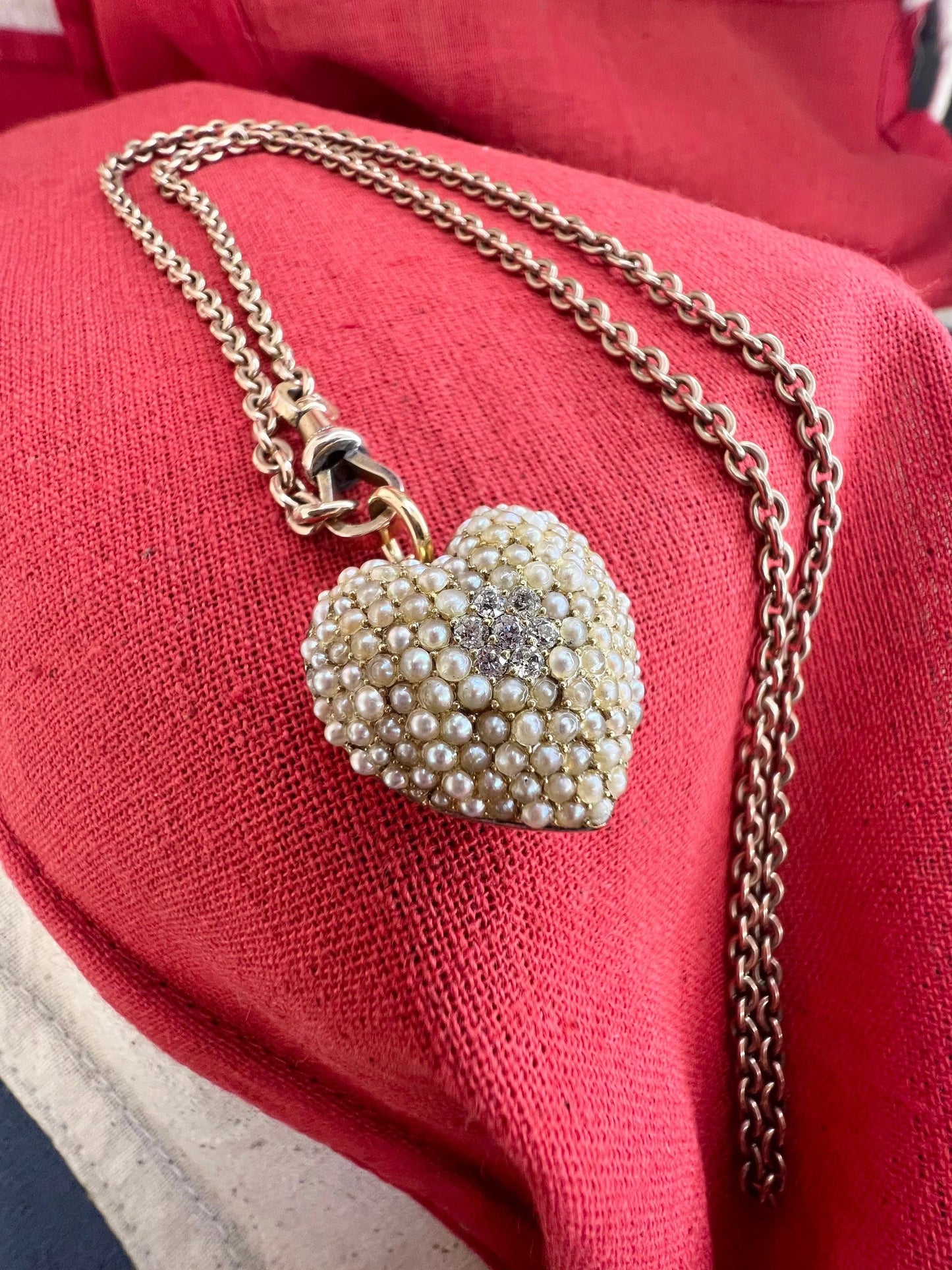 Edwardian Antique Natural Seed Pearl and Diamond Heart Pendant