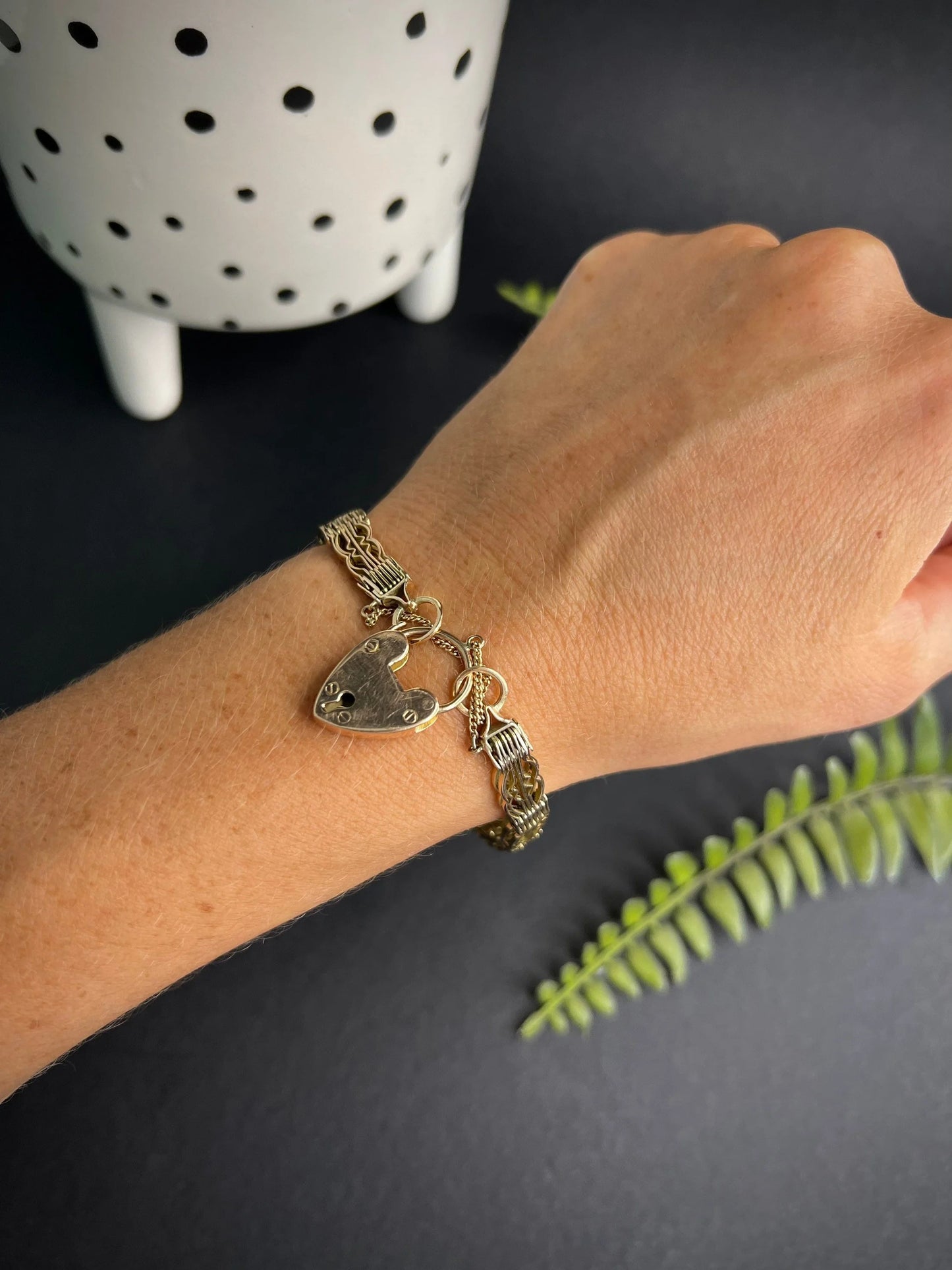 Vintage 9 Carat Rose Gold Gate Bracelet with Heart Padlock, Circa 1970