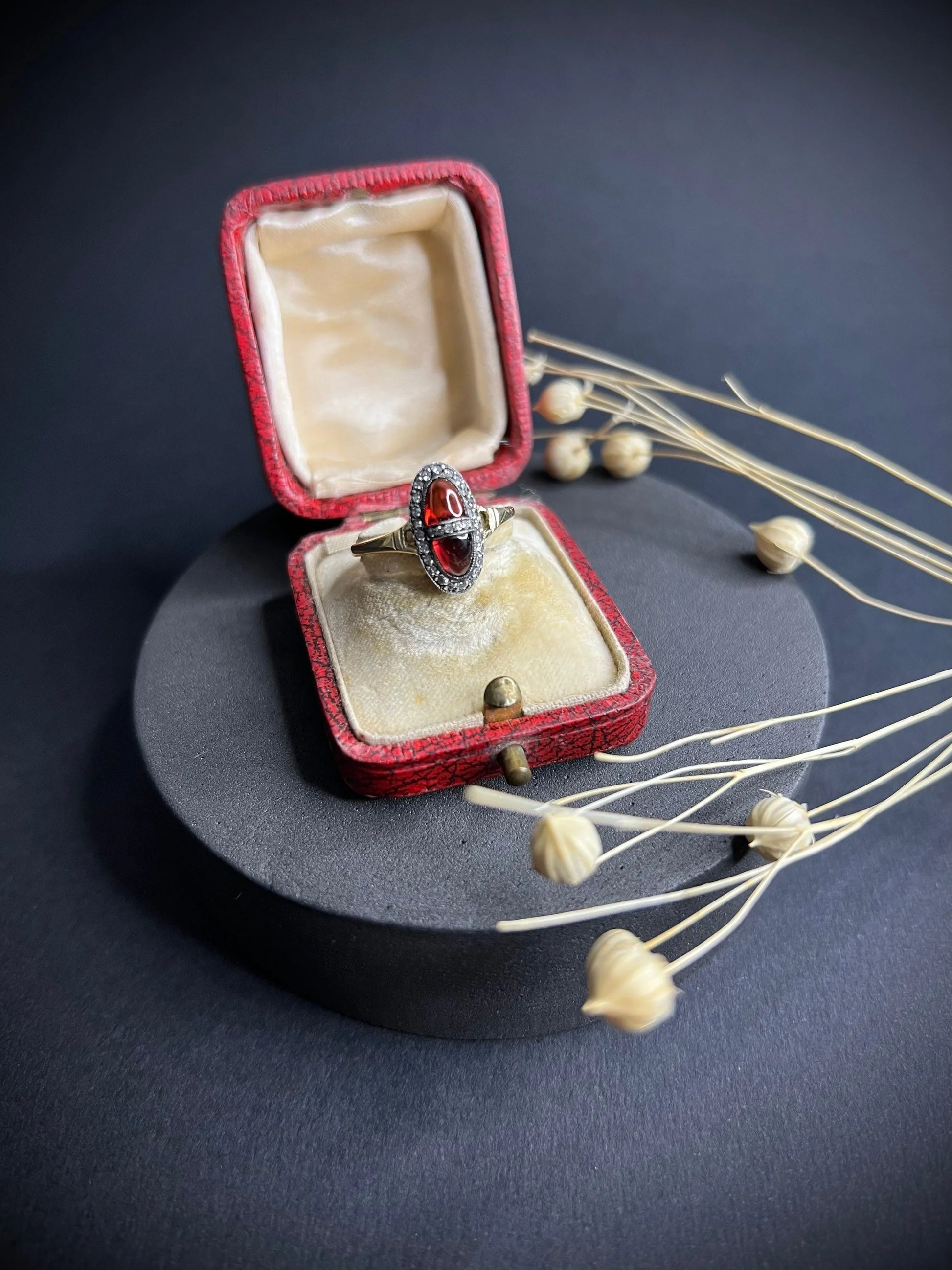 Antique 18 Carat Gold and Platinum Cabochon Garnet and Diamond Ring, Circa 1900