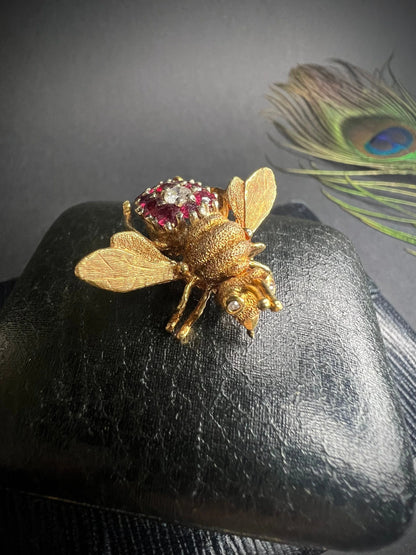 Vintage 18 Carat Gold Ruby and Diamond Bumblebee Brooch, Circa 1950