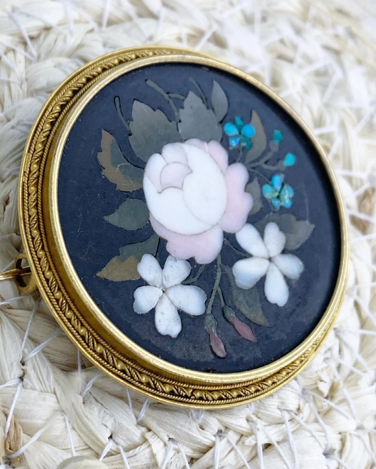 Victorian 15 Carat Gold Pietra Dura Floral Mosaic Brooch, Circa 1880