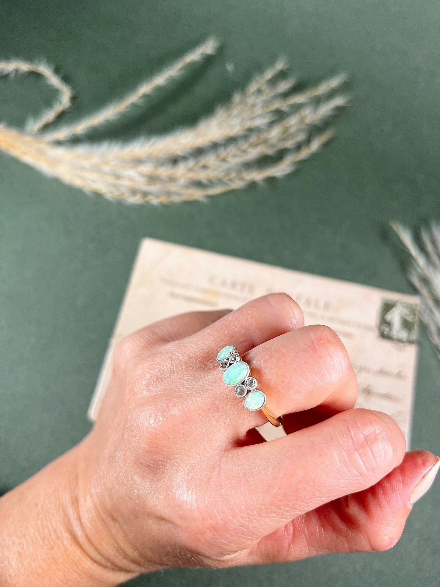 Antique 18 Carat Yellow Gold, Platinum, Opal and Diamond Ring, Circa 1920