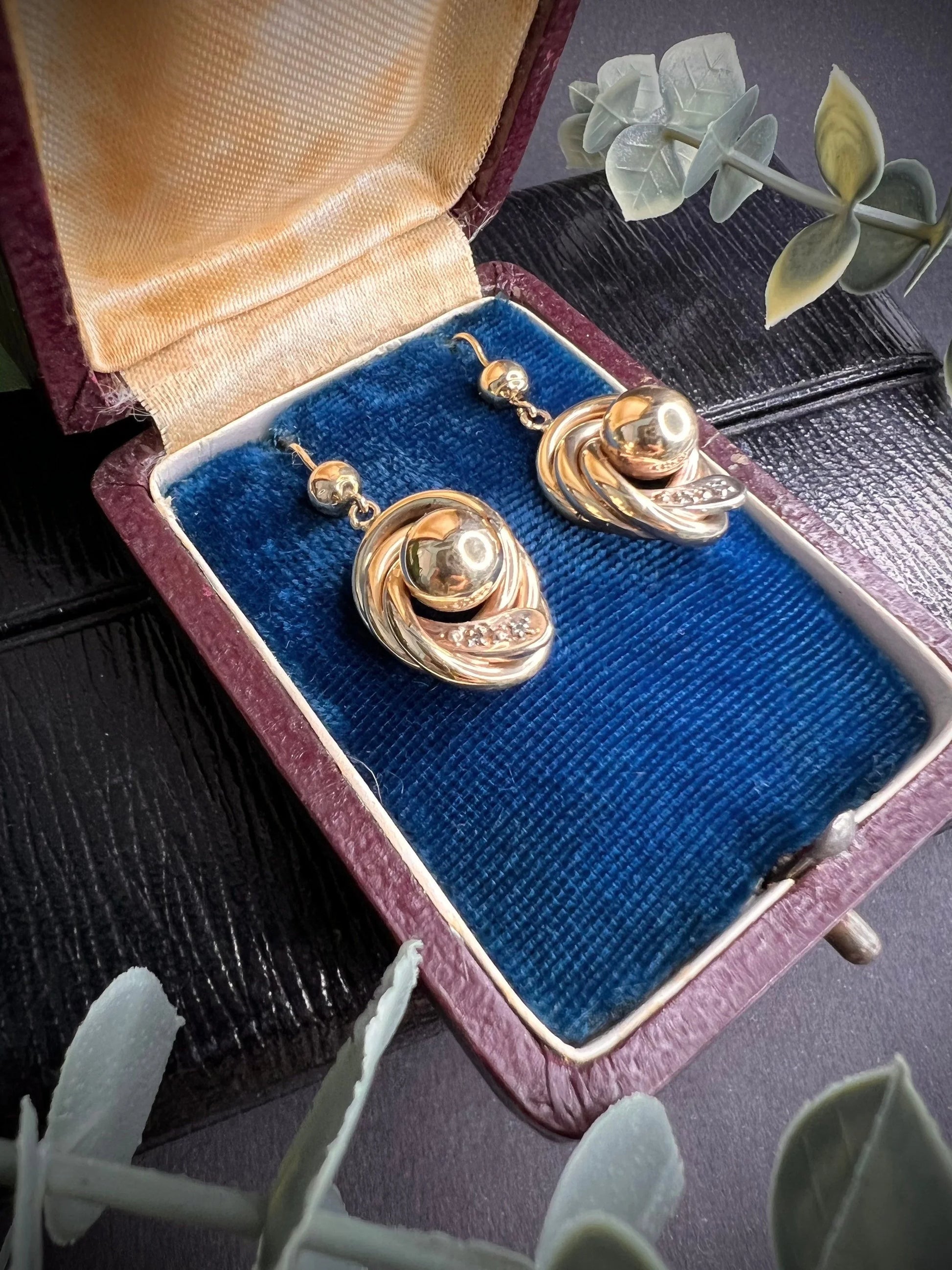 Antique 9ct Gold Edwardian Snake & Ball Diamond Set Earrings