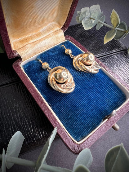 Antique 9ct Gold Edwardian Snake & Ball Diamond Set Earrings