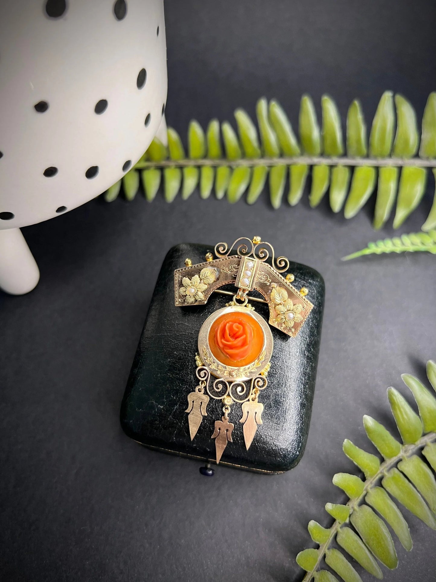 Antique 15 Carat Rose Gold Victorian Coral And Pearl Brooch/Pendant