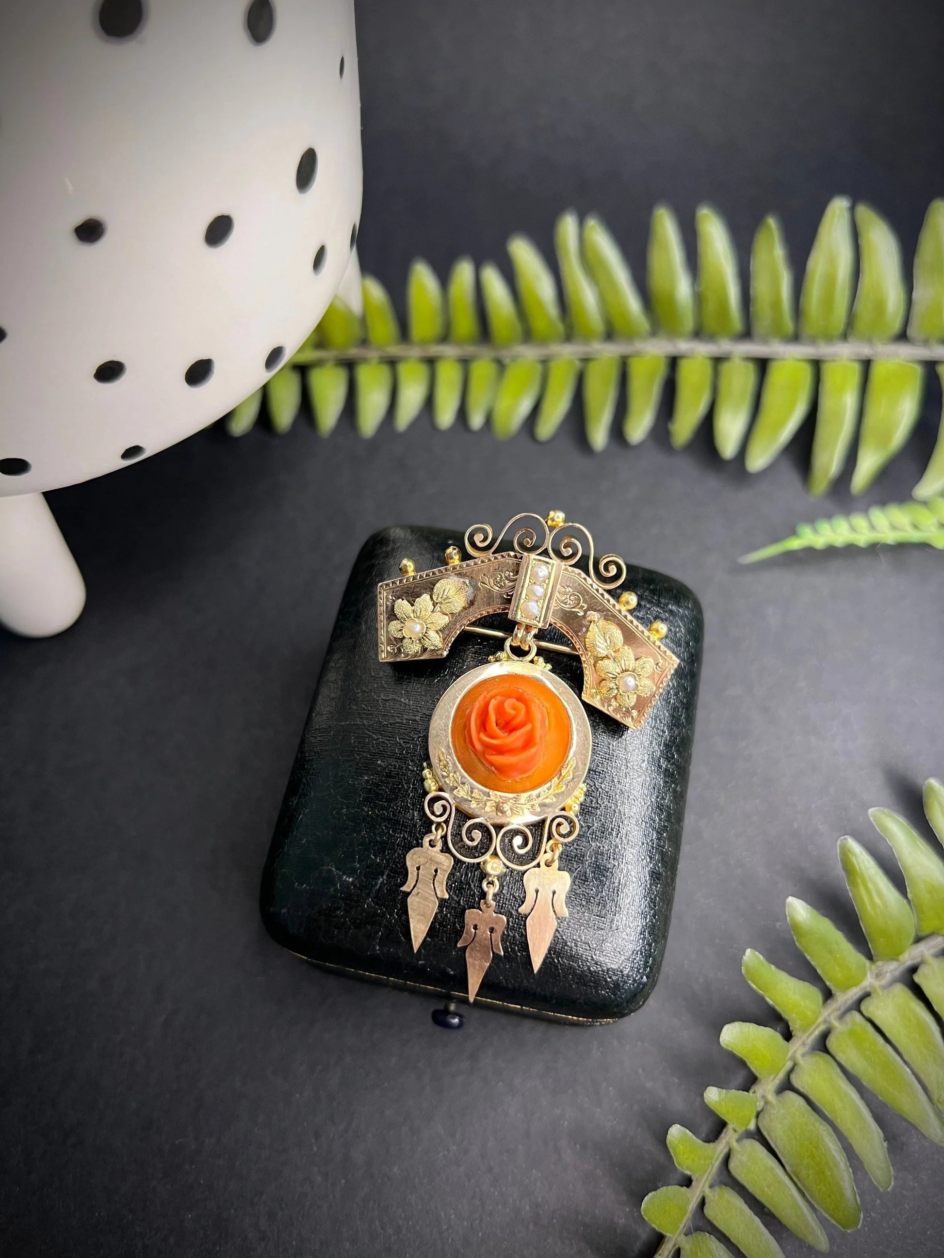 Antique 15 Carat Rose Gold Victorian Coral And Pearl Brooch/Pendant