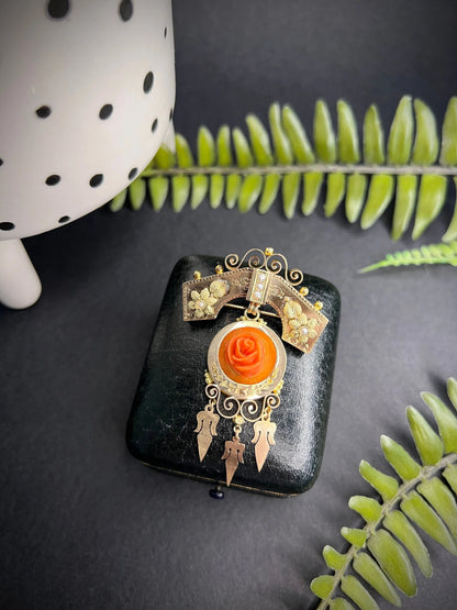 Antique 15 Carat Rose Gold Victorian Coral And Pearl Brooch/Pendant