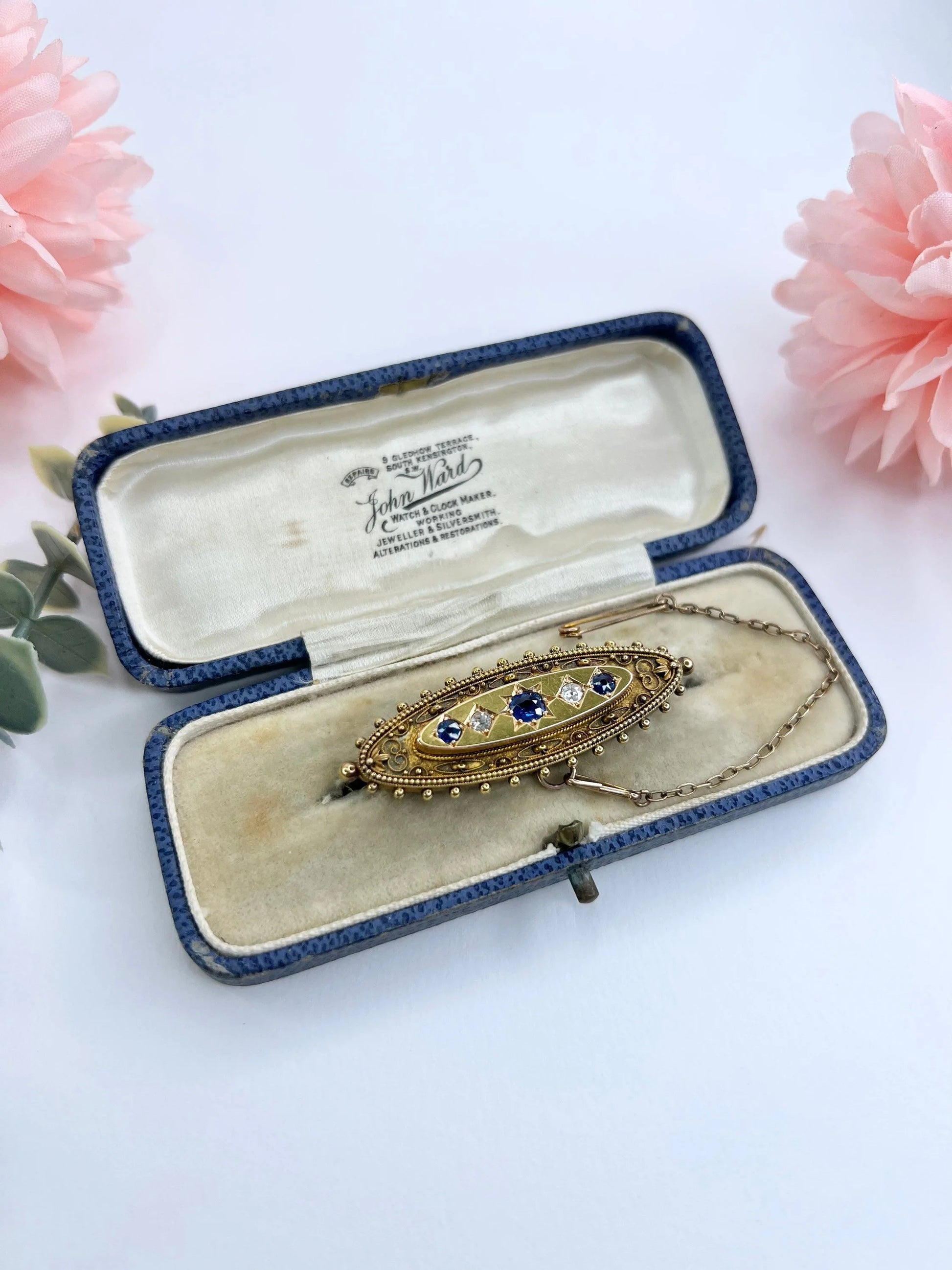 Antique 15 Carat Yellow Gold Sapphire and Diamond Brooch, Hallmarked Birmingham 1895