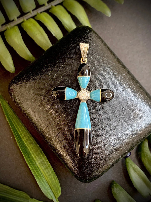 Antique 18 Carat Gold Diamond, Turquoise and Black Enamel Cross Pendant, Circa 1920