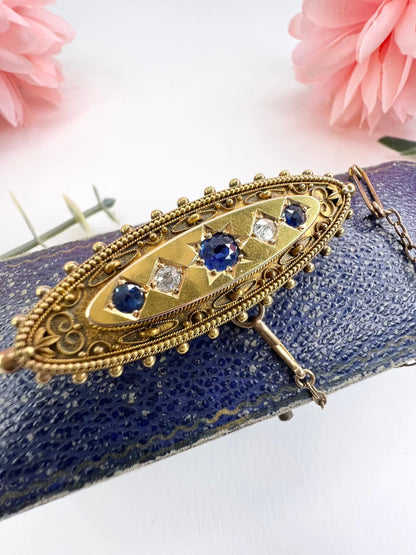 Antique 15 Carat Yellow Gold Sapphire and Diamond Brooch, Hallmarked Birmingham 1895