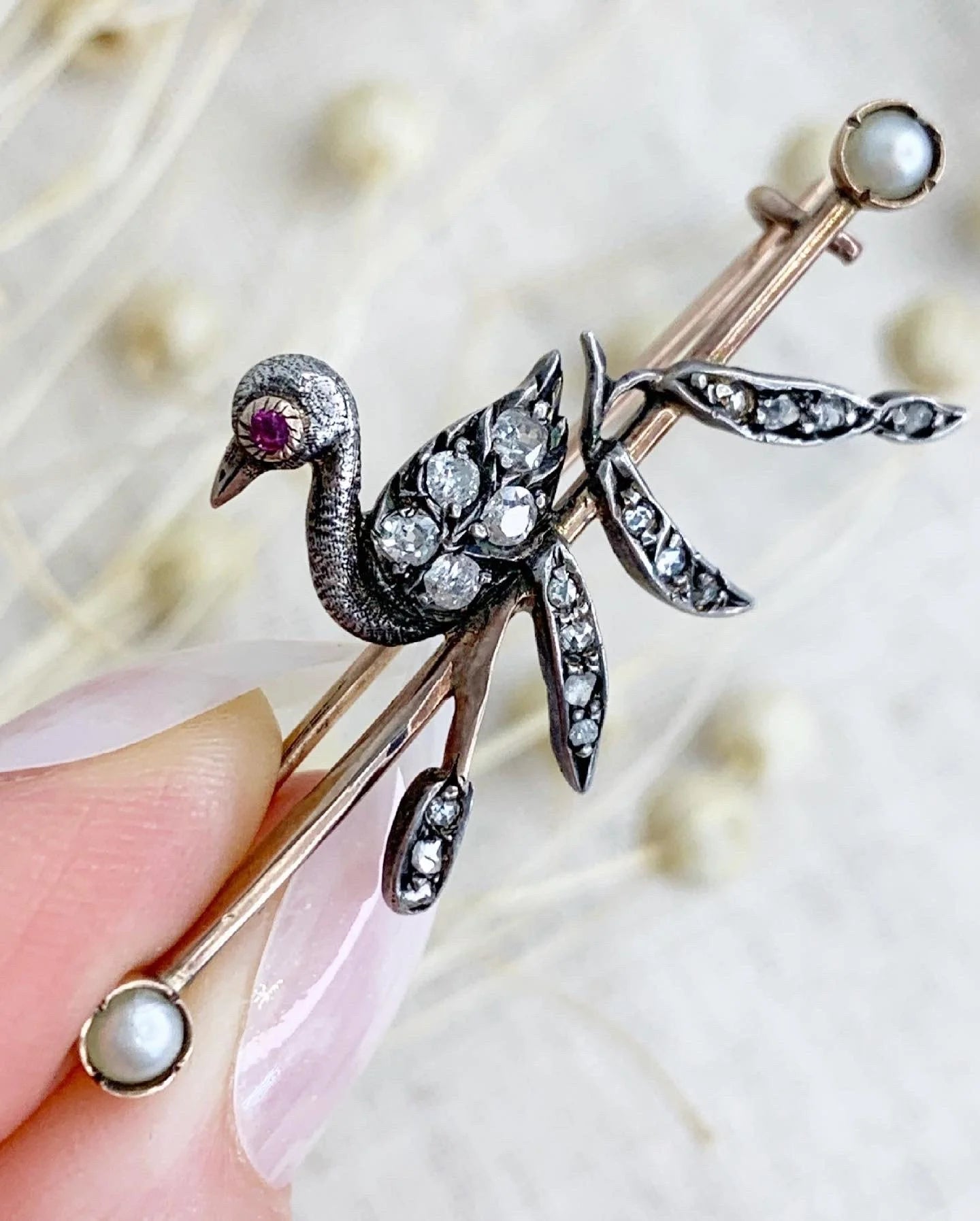 Victorian Gold, Silver, Diamond and Seed Pearl Swan Brooch, Circa 1880