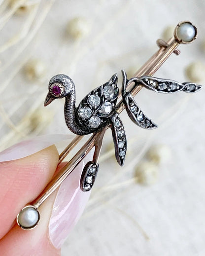 Victorian Gold, Silver, Diamond and Seed Pearl Swan Brooch, Circa 1880
