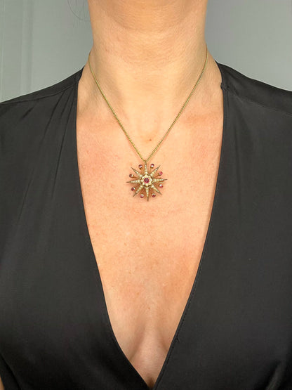 Antique 9ct Rose Gold, Edwardian Garnet & Pearl Star Brooch/Pendant