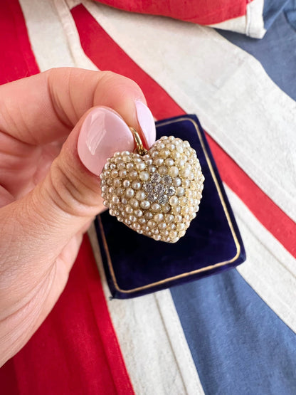 Edwardian Antique Natural Seed Pearl and Diamond Heart Pendant