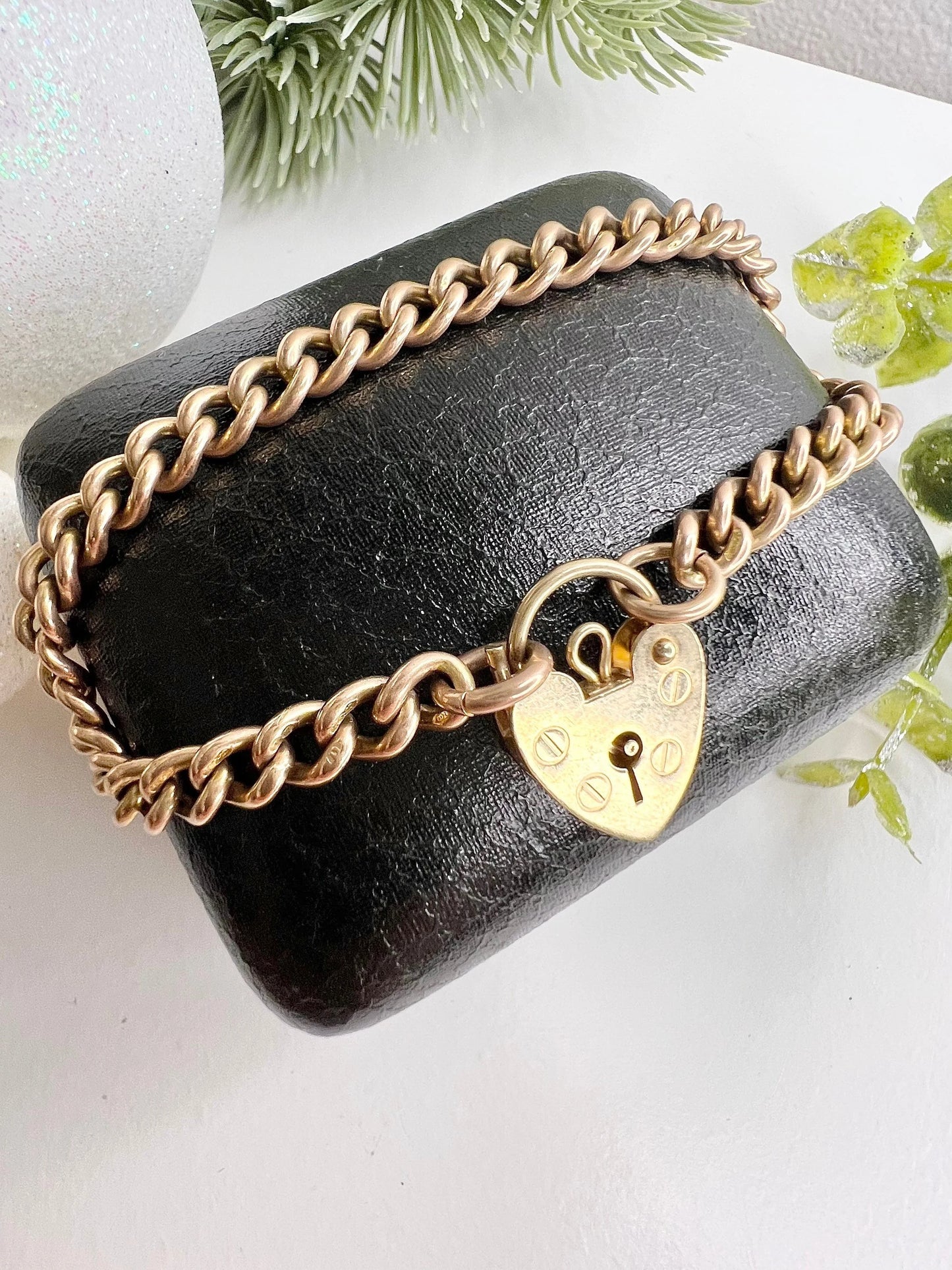 Antique 9 ct Rose Gold Edwardian Curb Link Heart Padlock Bracelet