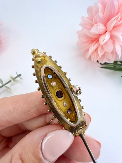 Antique 15 Carat Yellow Gold Sapphire and Diamond Brooch, Hallmarked Birmingham 1895