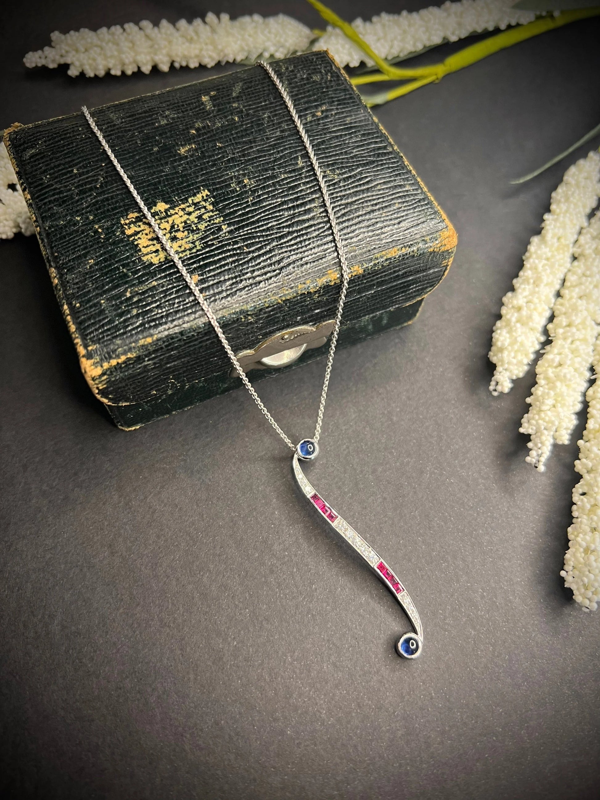 Contemporary 18ct White Gold, Sapphire, Ruby, Diamond Swirl Pendant Necklace
