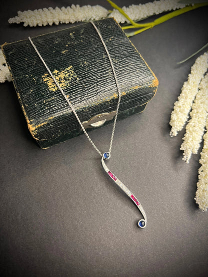 Contemporary 18ct White Gold, Sapphire, Ruby, Diamond Swirl Pendant Necklace