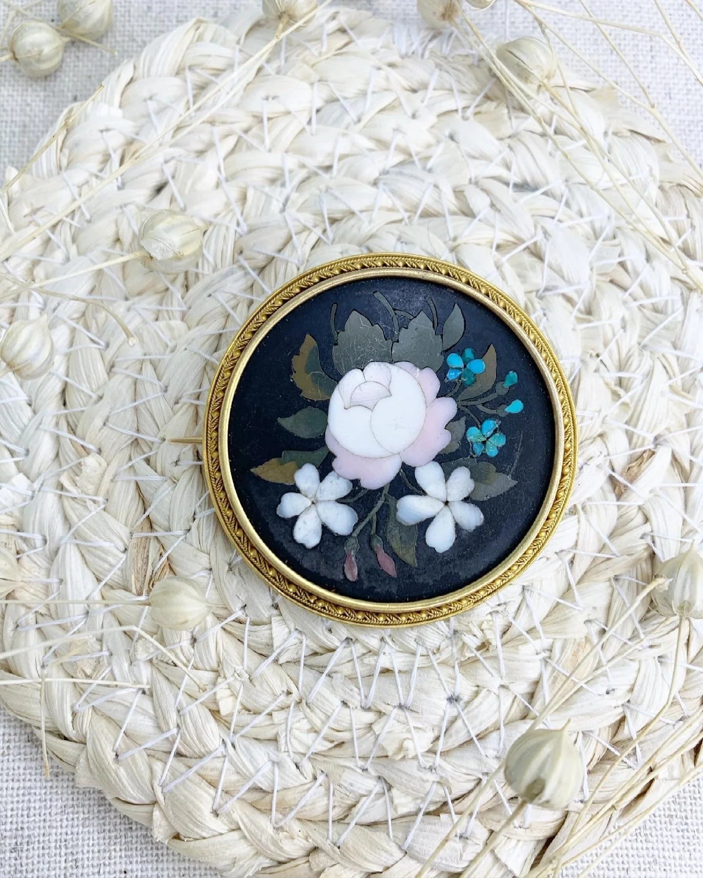 Victorian 15 Carat Gold Pietra Dura Floral Mosaic Brooch, Circa 1880