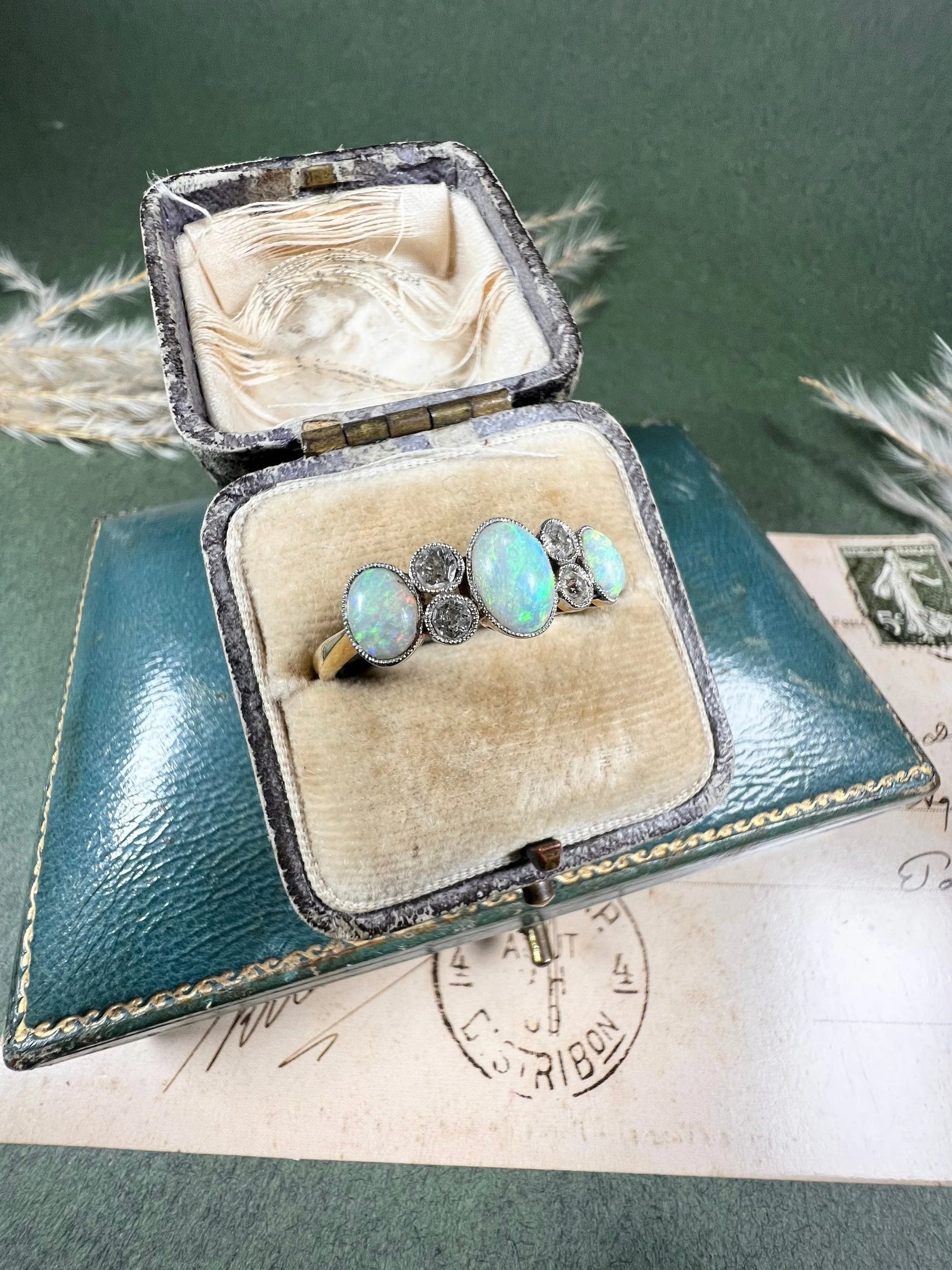 Antique 18 Carat Yellow Gold, Platinum, Opal and Diamond Ring, Circa 1920