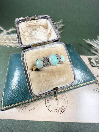 Antique 18 Carat Yellow Gold, Platinum, Opal and Diamond Ring, Circa 1920