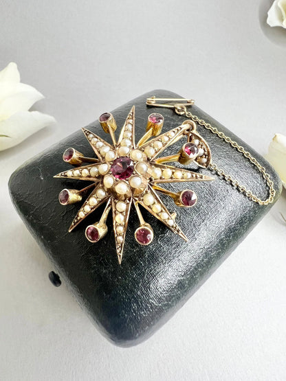 Antique 9ct Rose Gold, Edwardian Garnet & Pearl Star Brooch/Pendant