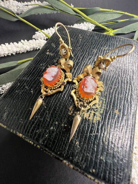 Antique 15 Carat Gold Victorian Hardstone Cameo Earrings