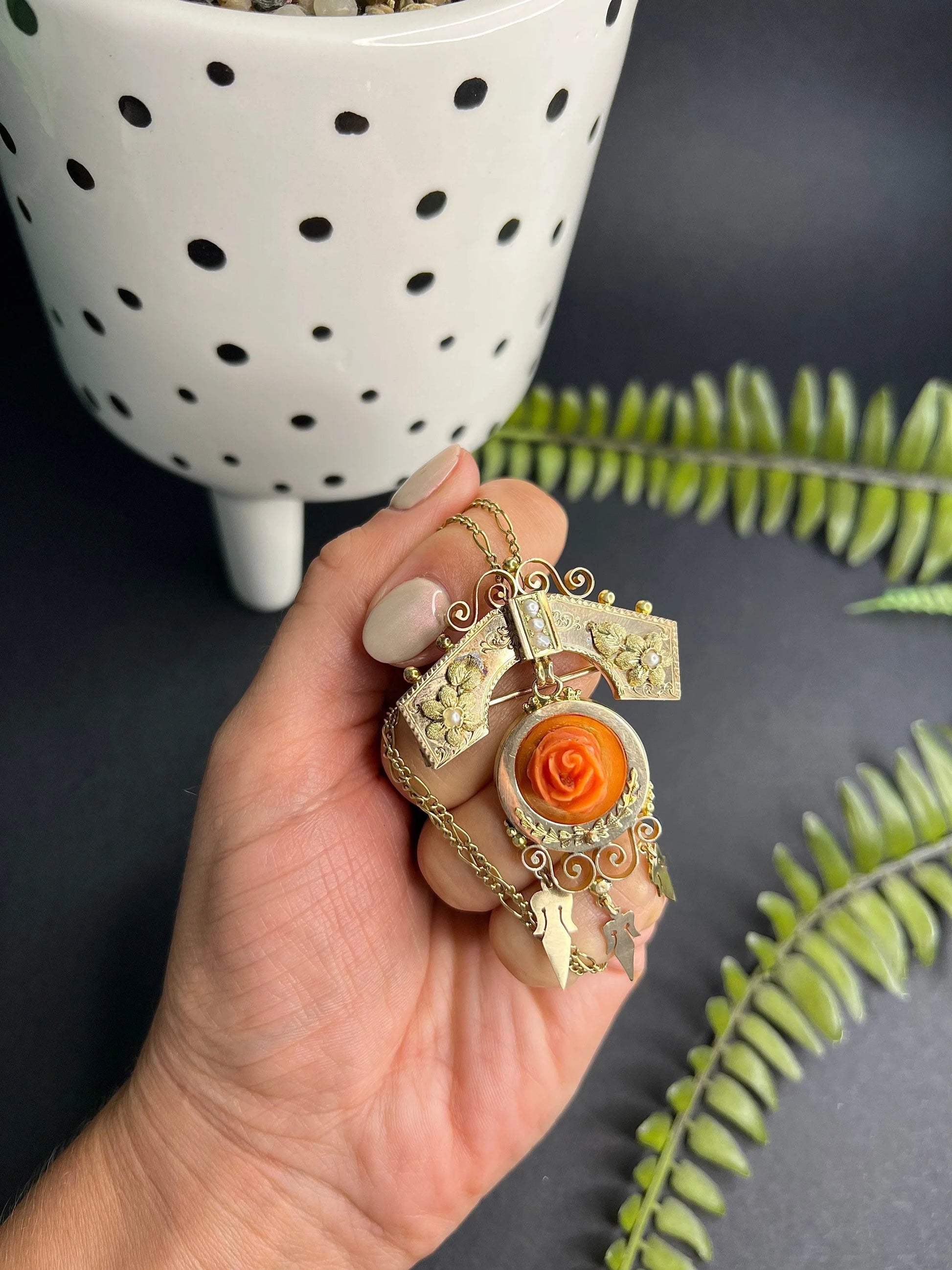 Antique 15 Carat Rose Gold Victorian Coral And Pearl Brooch/Pendant