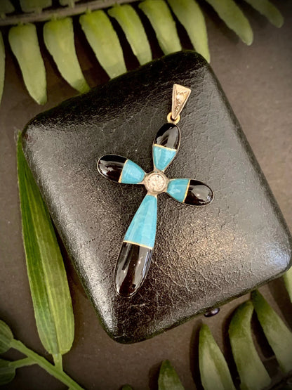 Antique 18 Carat Gold Diamond, Turquoise and Black Enamel Cross Pendant, Circa 1920