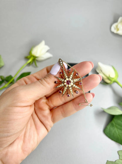Antique 9ct Rose Gold, Edwardian Garnet & Pearl Star Brooch/Pendant