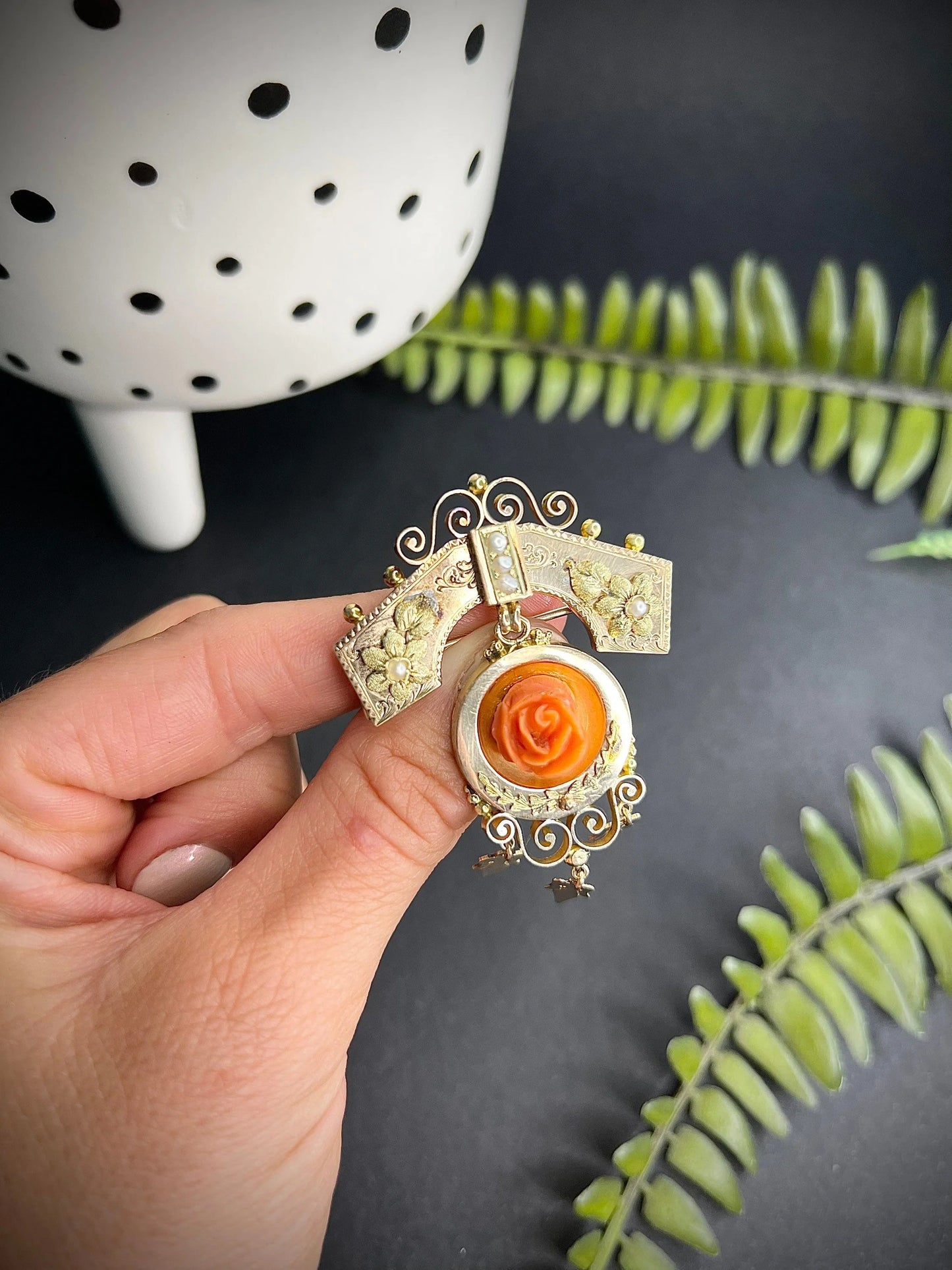 Antique 15 Carat Rose Gold Victorian Coral And Pearl Brooch/Pendant