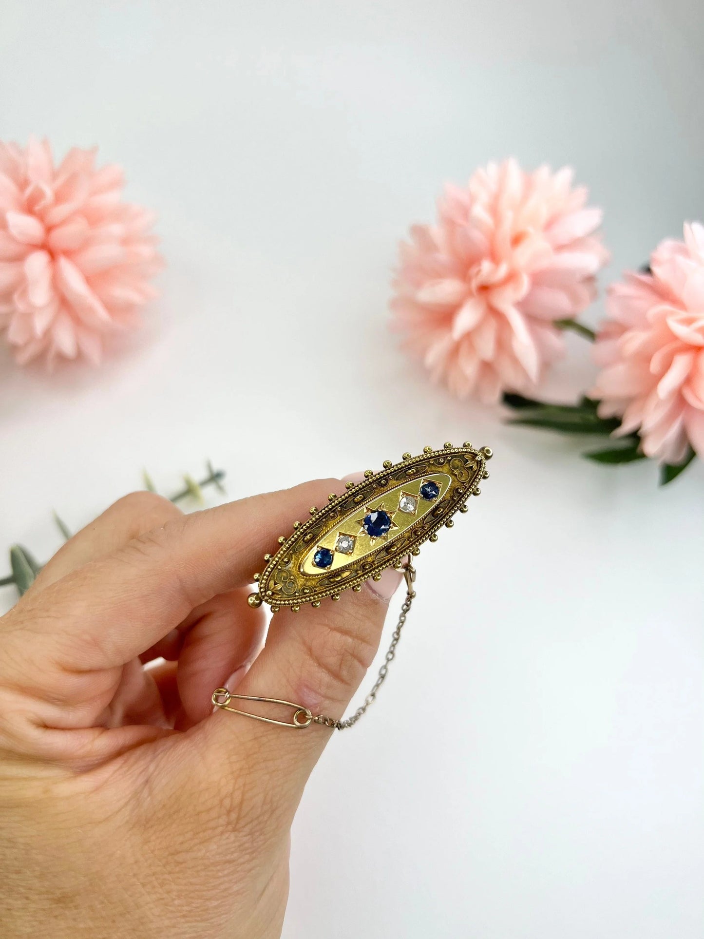 Antique 15 Carat Yellow Gold Sapphire and Diamond Brooch, Hallmarked Birmingham 1895