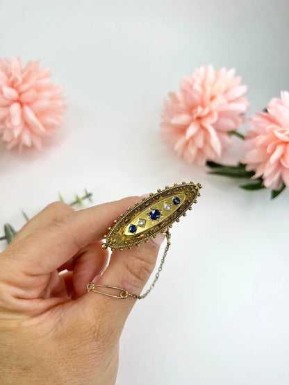 Antique 15 Carat Yellow Gold Sapphire and Diamond Brooch, Hallmarked Birmingham 1895