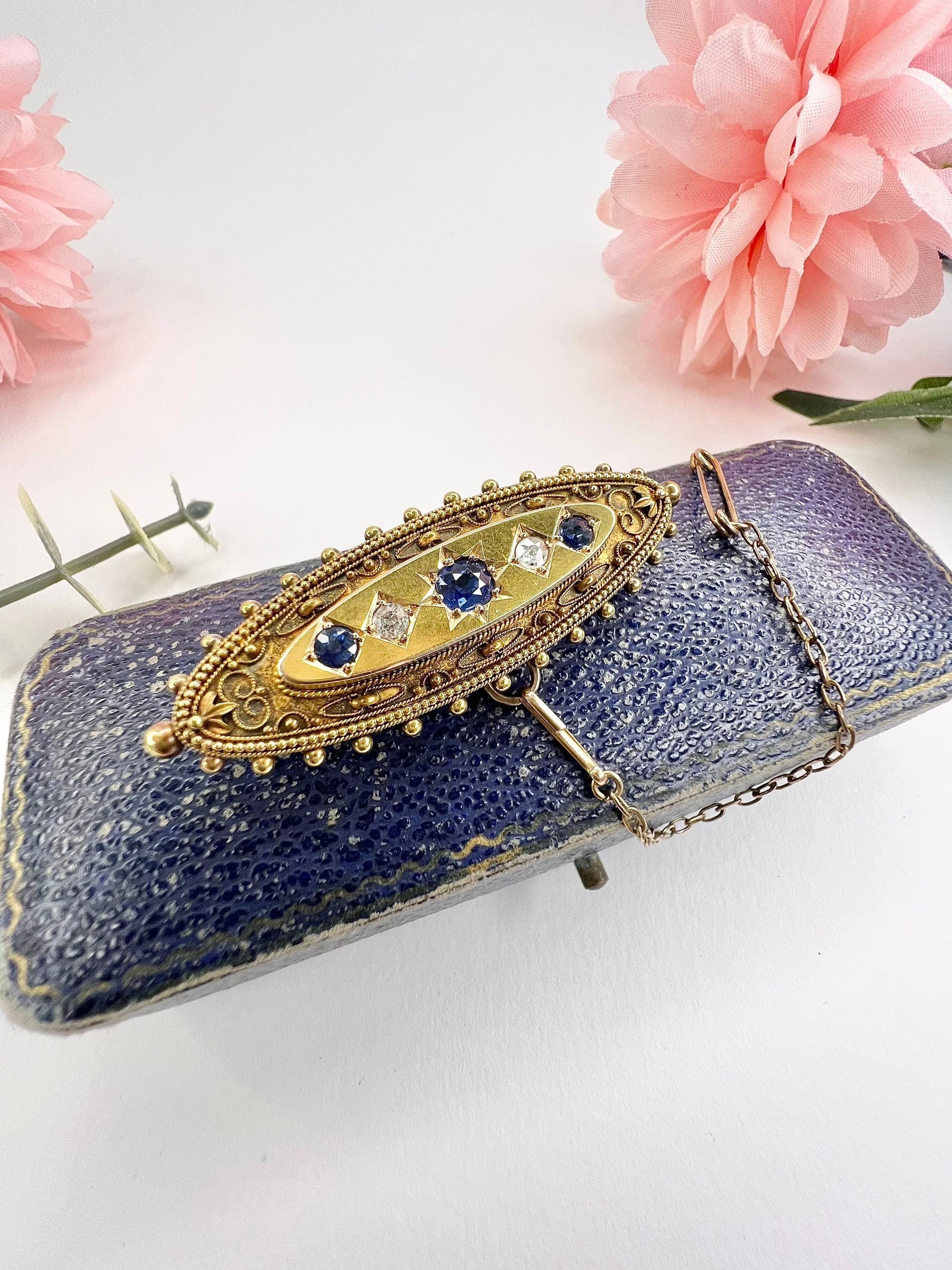 Antique 15 Carat Yellow Gold Sapphire and Diamond Brooch, Hallmarked Birmingham 1895