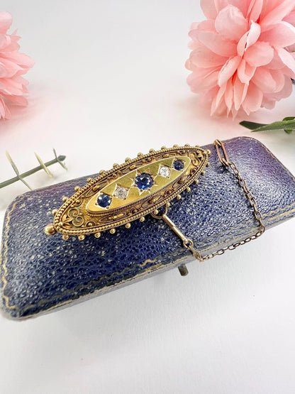 Antique 15 Carat Yellow Gold Sapphire and Diamond Brooch, Hallmarked Birmingham 1895