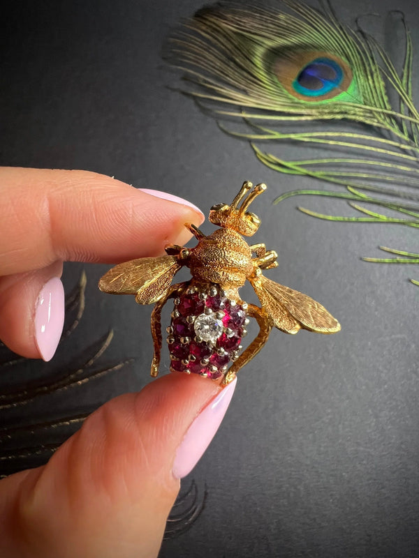 Vintage 18 Carat Gold Ruby and Diamond Bumblebee Brooch, Circa 1950