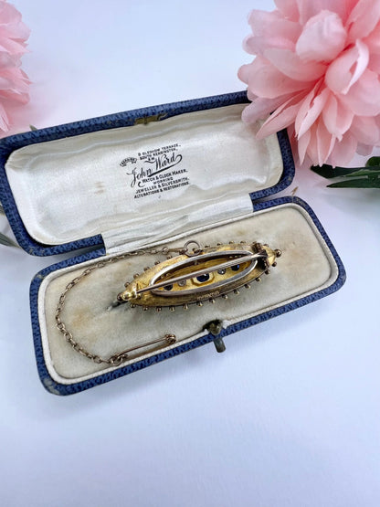 Antique 15 Carat Yellow Gold Sapphire and Diamond Brooch, Hallmarked Birmingham 1895