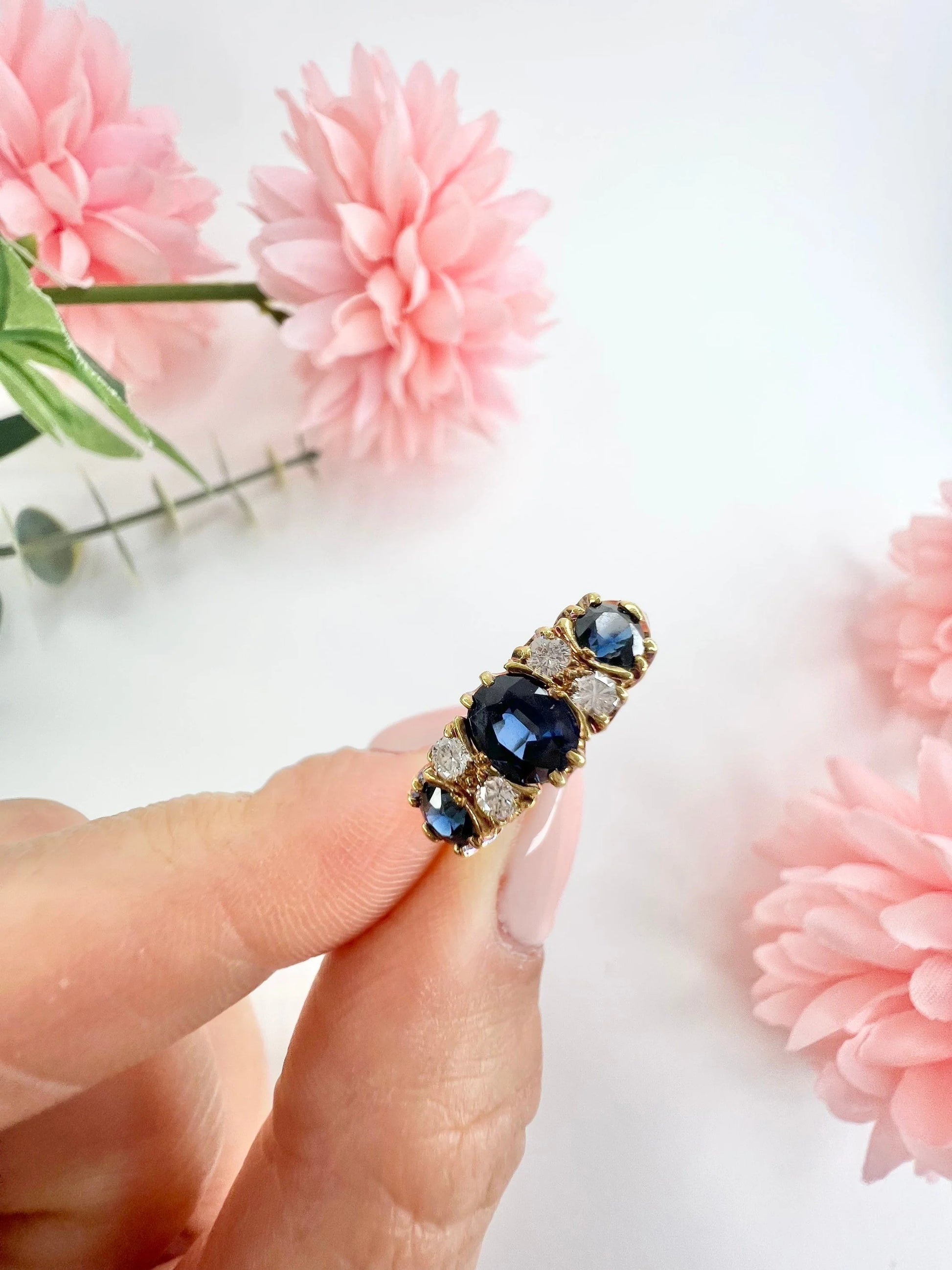 Vintage 18ct Yellow Gold, Sapphire And Diamond Seven Stone Engagement Ring