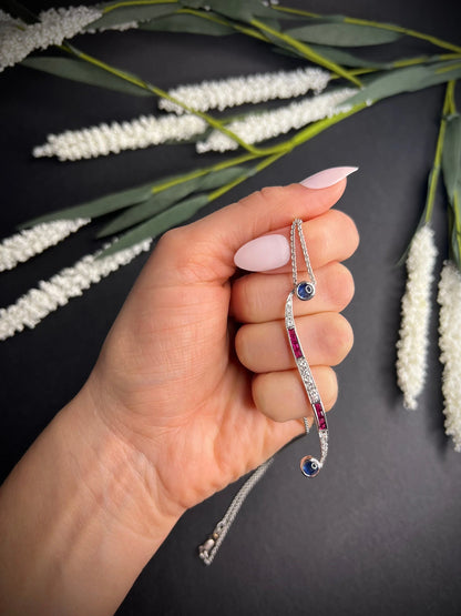 Contemporary 18ct White Gold, Sapphire, Ruby, Diamond Swirl Pendant Necklace