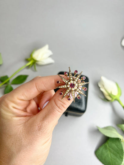 Antique 9ct Rose Gold, Edwardian Garnet & Pearl Star Brooch/Pendant