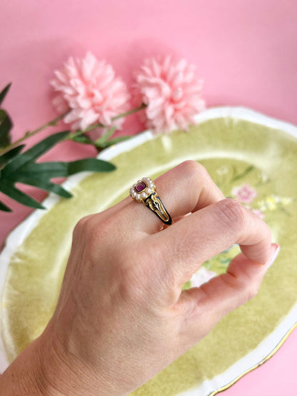 Antique 18 Carat Gold Victorian Pearl And Garnet Cluster Ring