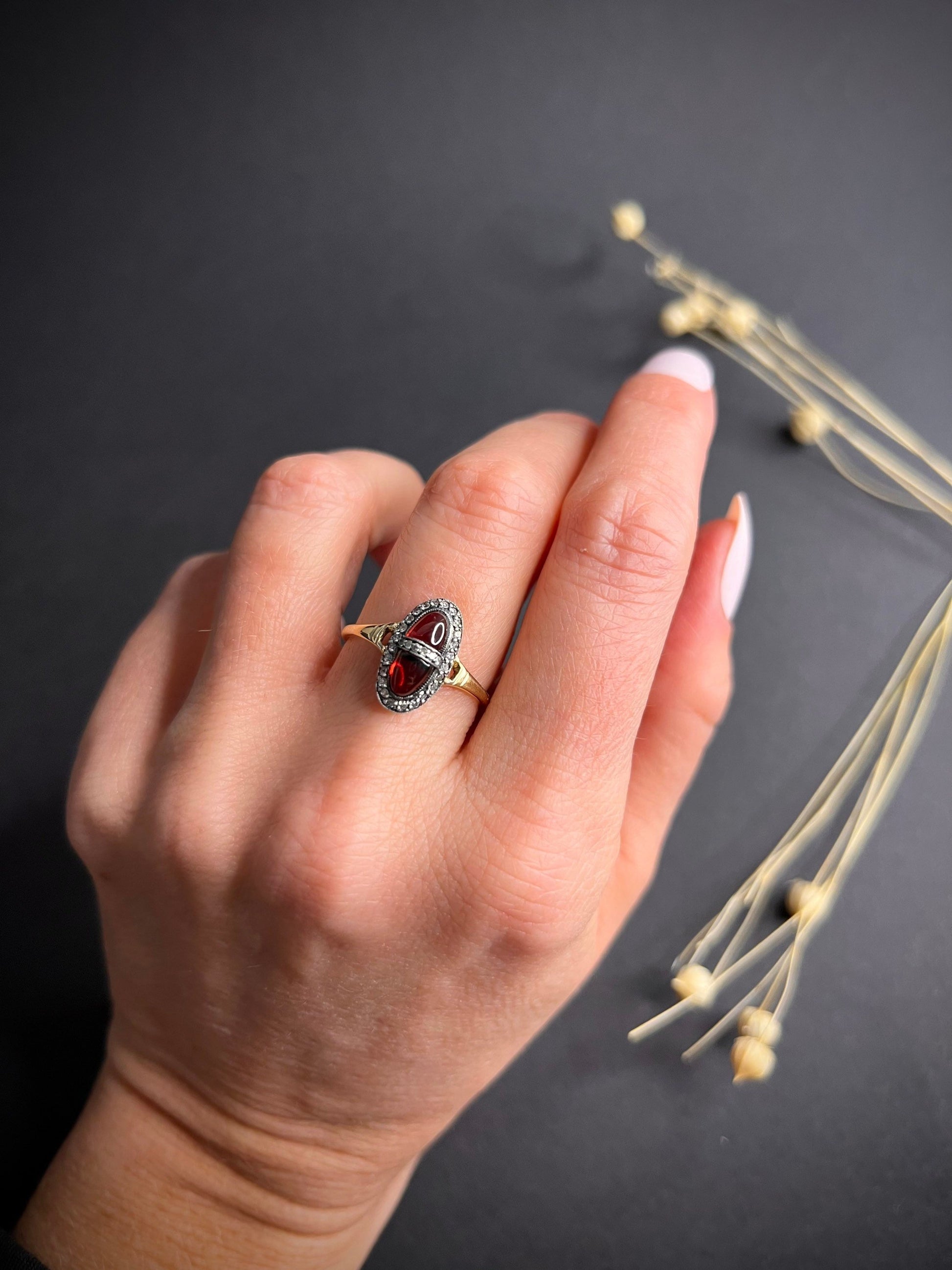 Antique 18 Carat Gold and Platinum Cabochon Garnet and Diamond Ring, Circa 1900