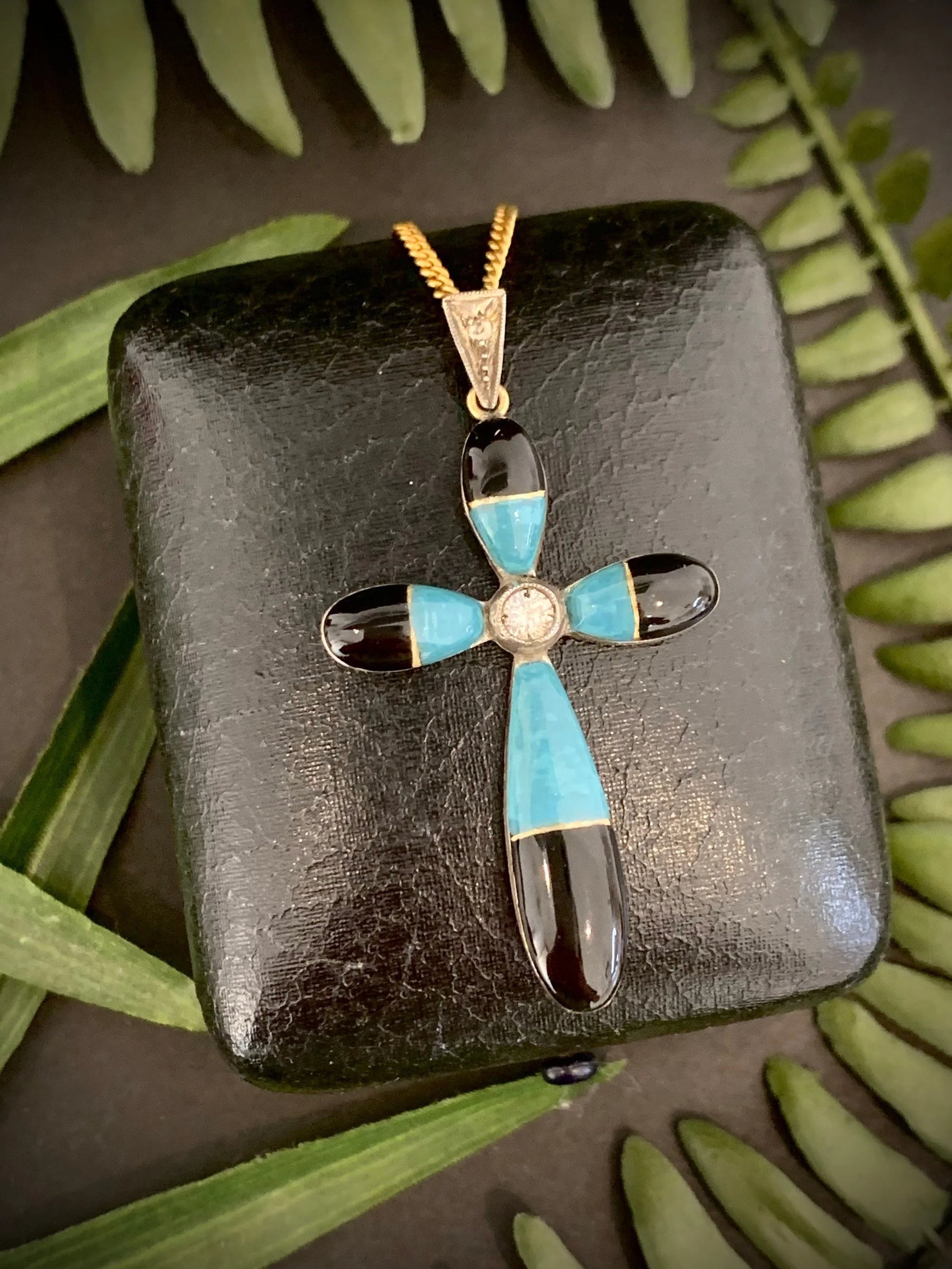 Antique 18 Carat Gold Diamond, Turquoise and Black Enamel Cross Pendant, Circa 1920