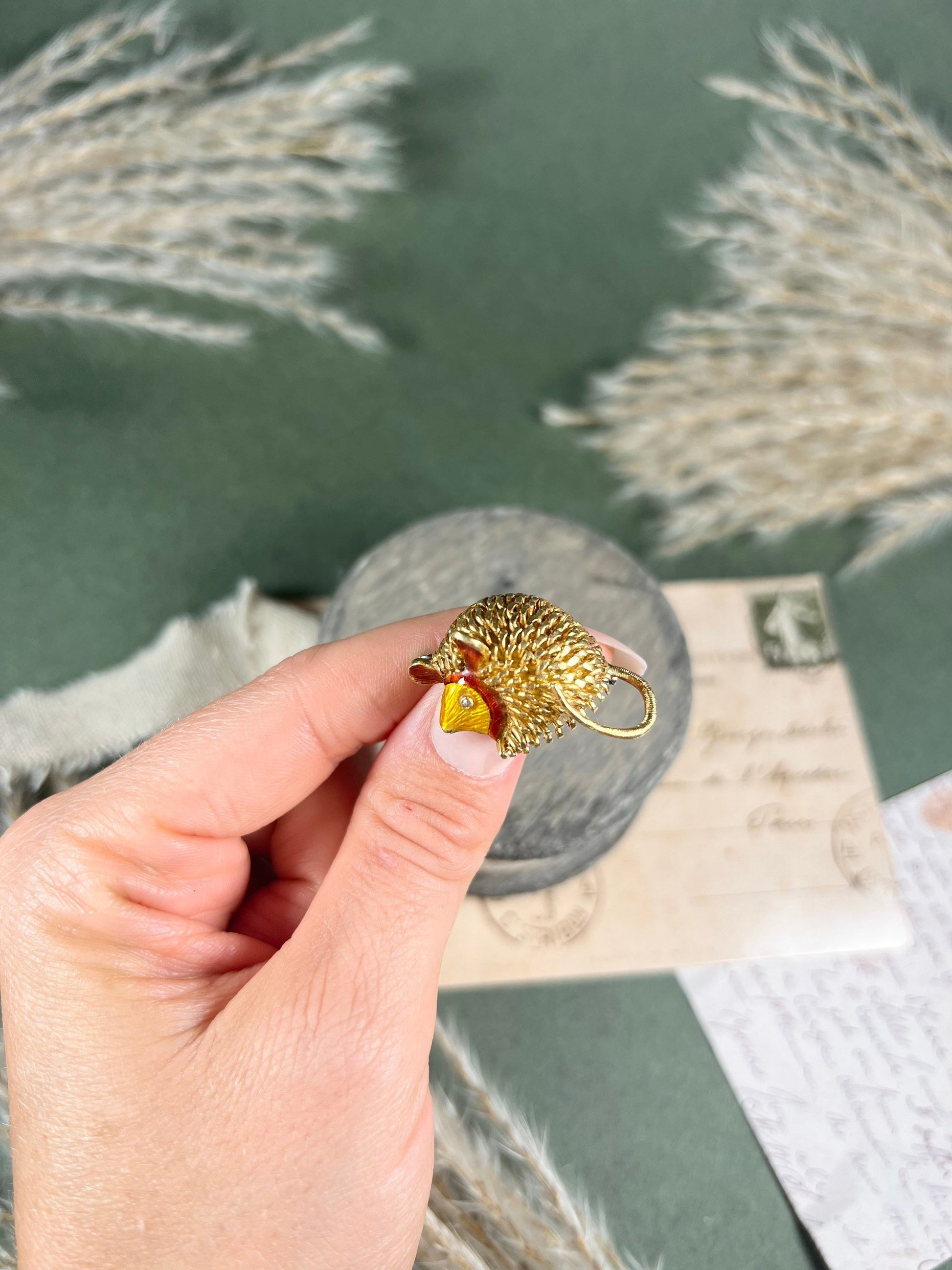 Vintage 18 Carat Yellow Gold and Enamel Hedgehog Brooch, Circa 1960