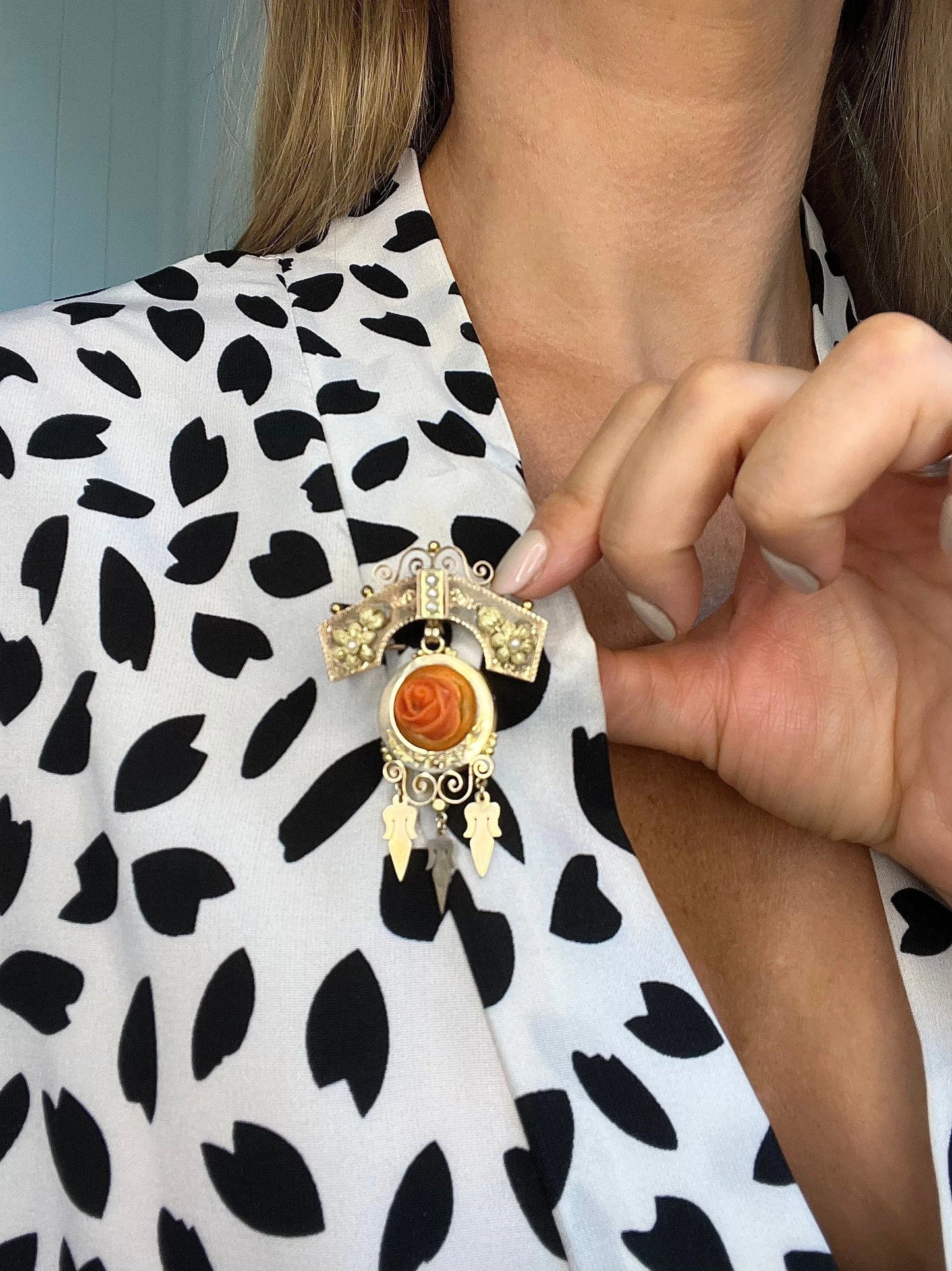 Antique 15 Carat Rose Gold Victorian Coral And Pearl Brooch/Pendant