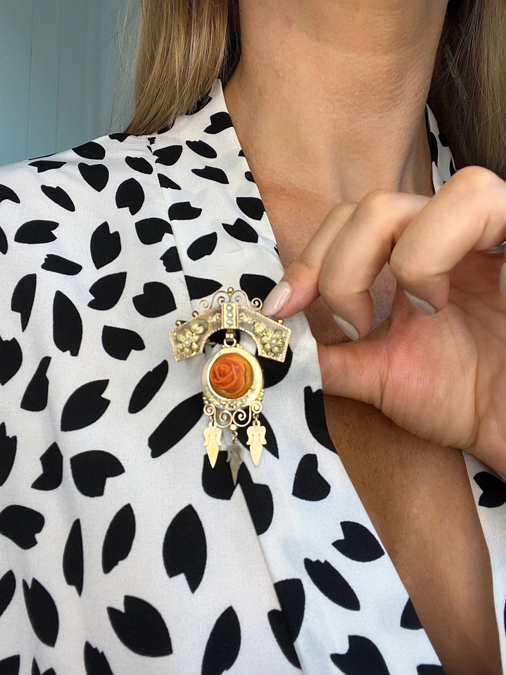 Antique 15 Carat Rose Gold Victorian Coral And Pearl Brooch/Pendant