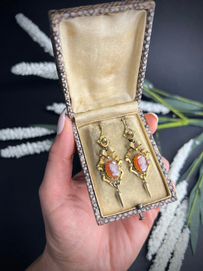 Antique 15 Carat Gold Victorian Hardstone Cameo Earrings