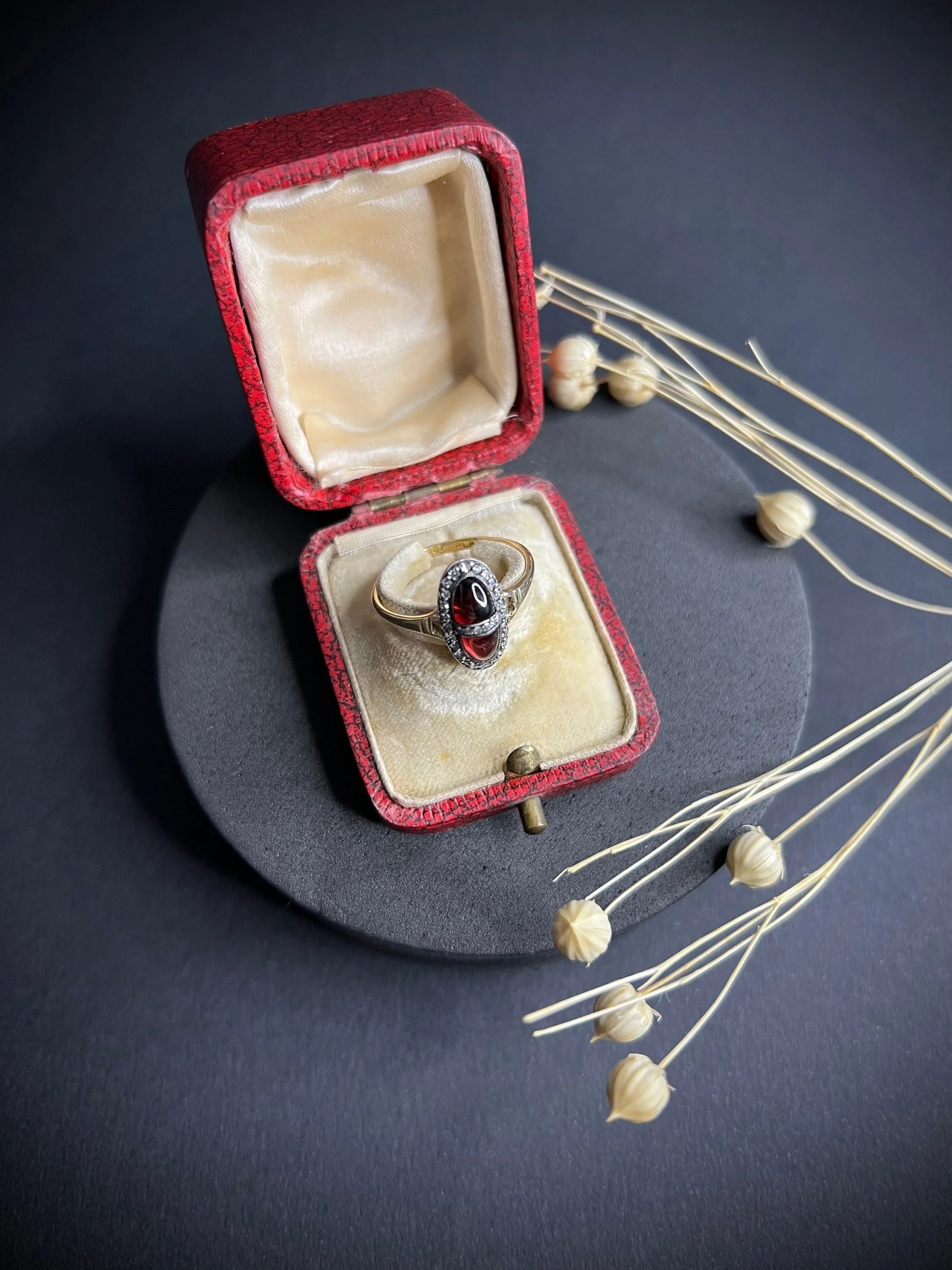 Antique 18 Carat Gold and Platinum Cabochon Garnet and Diamond Ring, Circa 1900